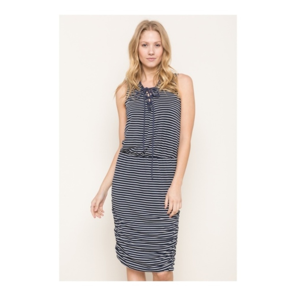 Mystree Lace Up Front Stripe Jersey Dress